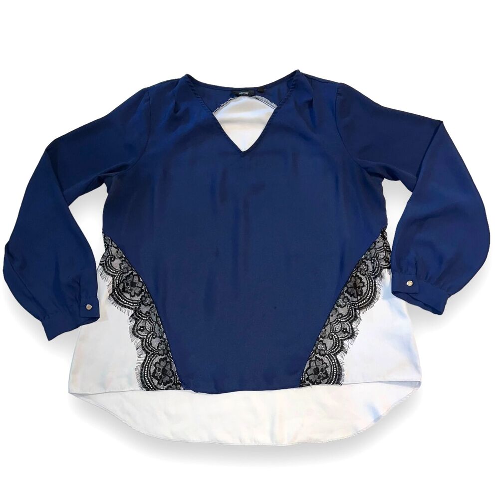 Apt 9 Womens Blouse Top Shirt Lace Trim Silky Lightweight Long Sleeve Blue XL
